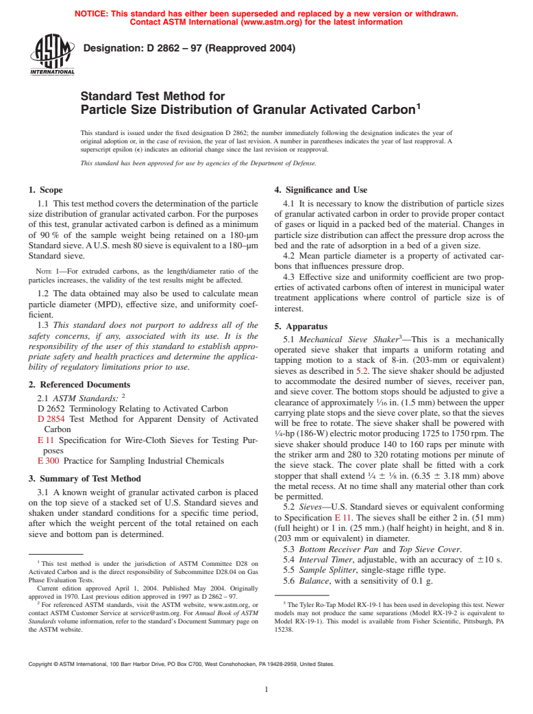 ASTM D2862-97(2004) - Standard Test Method for Particle Size Distribution of Granular Activated Carbon