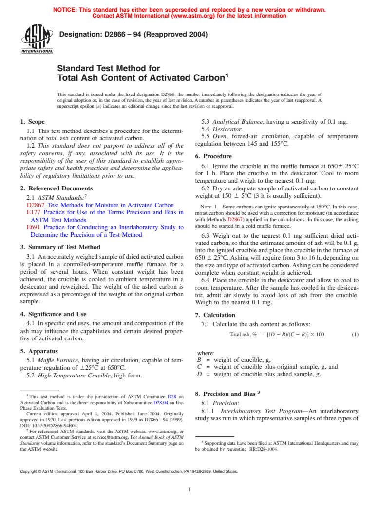 ASTM D2866-94(2004) - Standard Test Method for Total Ash Content of Activated Carbon