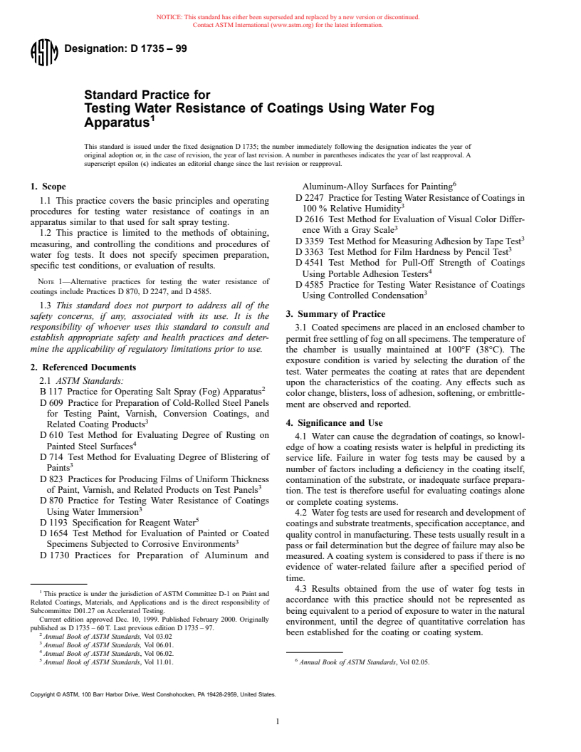 ASTM D1735-99 - Standard Practice for Testing Water Resistance of Coatings Using Water Fog Apparatus