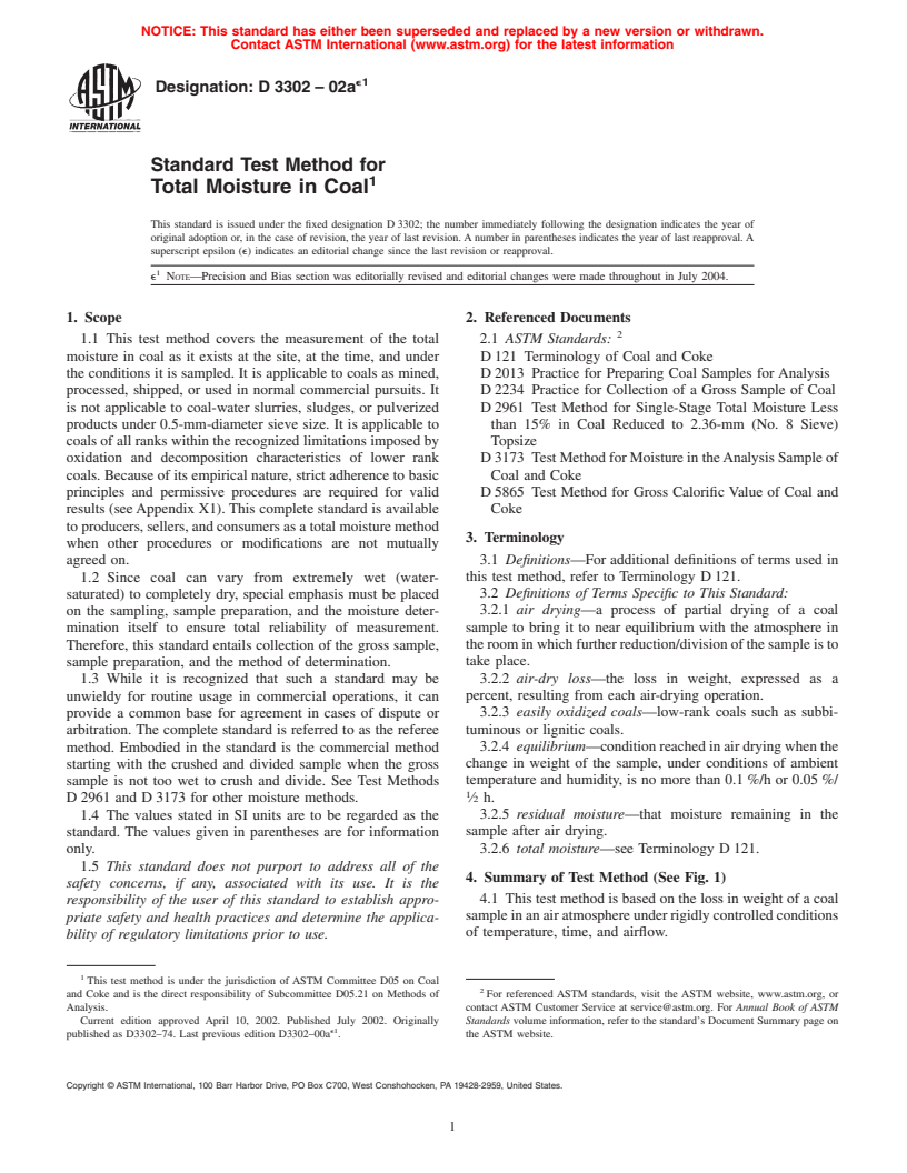 ASTM D3302-02ae1 - Standard Test Method for Total Moisture in Coal