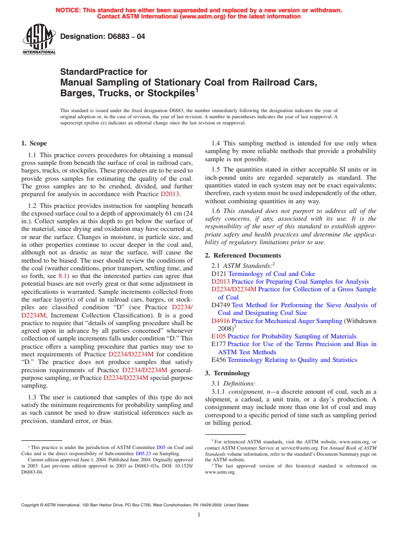 ASTM D6883-04 - Standard Practice for Manual Sampling of Stationary Coal from Railroad Cars, Barges, Trucks, or Stockpiles