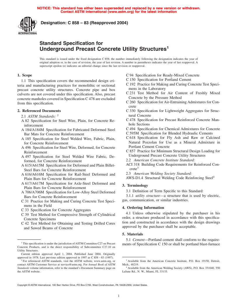 ASTM C858-83(2004) - Standard Specification for Underground Precast Concrete Utility Structures