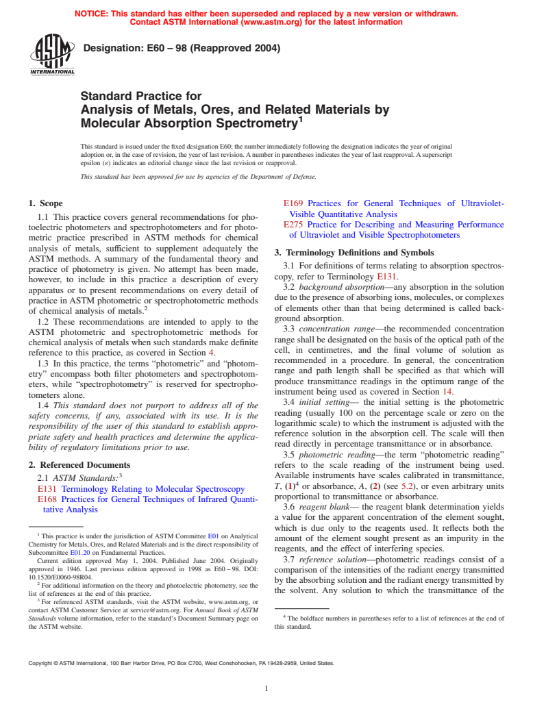 ASTM E60-98(2004) - Standard Practice for Analysis of Metals, Ores, and Related Materials by Molecular Absorption Spectrometry