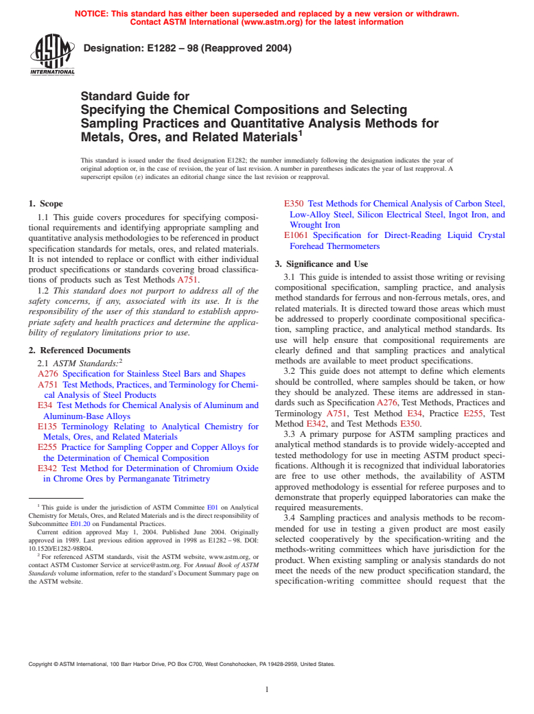 ASTM E1282-98(2004) - Standard Guide for Specifying the Chemical Compositions and Selecting Sampling Practices and Quantitative Analysis Methods for Metals, Ores, and Related Materials