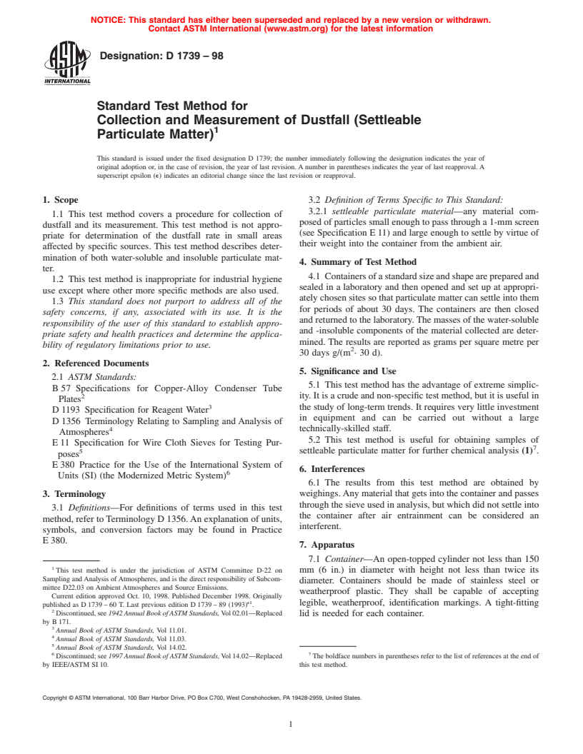 ASTM D1739-98 - Standard Test Method for Collection and Measurement of Dustfall (Settleable Particulate Matter)