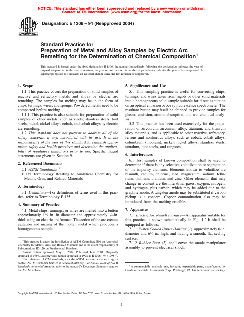 ASTM E1306-94(2004) - Standard Practice for Preparation of Metal and Alloy Samples by Electric Arc Remelting for the Determination of Chemical Composition