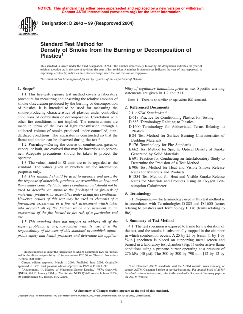 ASTM D2843-99(2004) - Standard Test Method for Density of Smoke from the Burning or Decomposition of Plastics