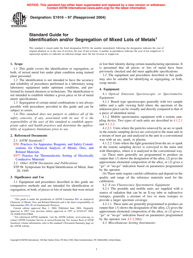 ASTM E1916-97(2004) - Standard Guide for Identification and/or Segregation of Mixed Lots of Metals