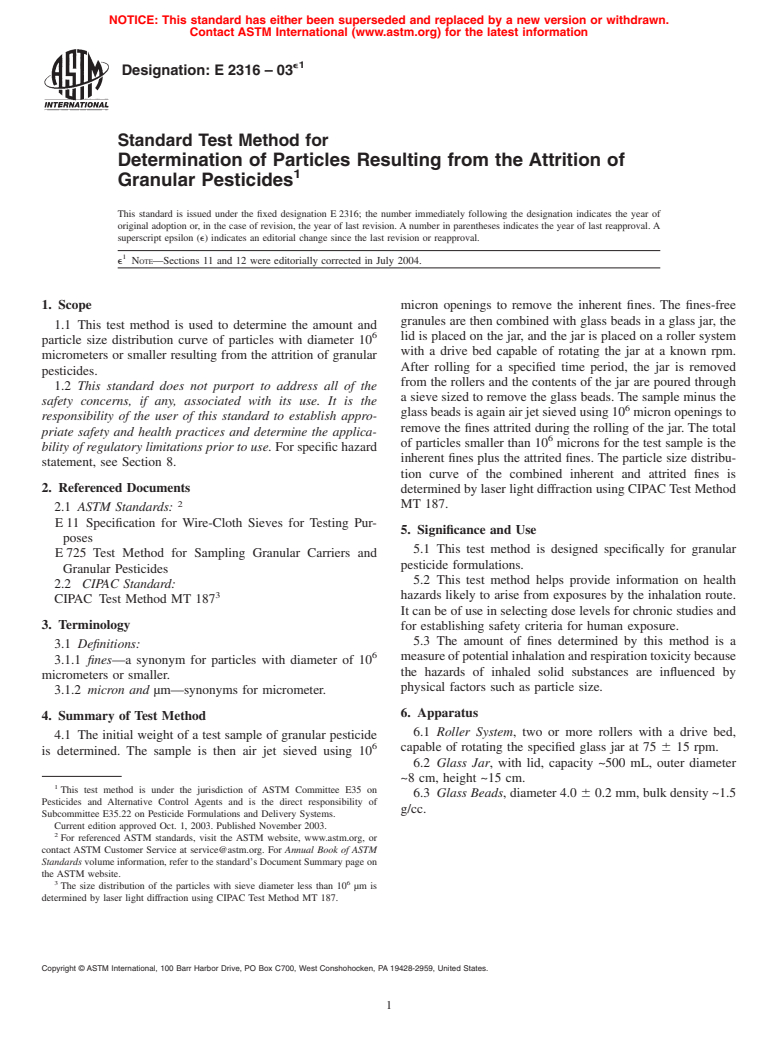 ASTM E2316-03e1 - Standard Test Method for Determination of Particles Resulting from the Attrition of Granular Pesticides