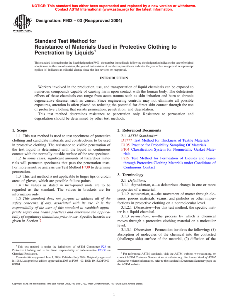 ASTM F903-03(2004) - Standard Test Method for Resistance of Materials Used in Protective Clothing to Penetration by Liquids