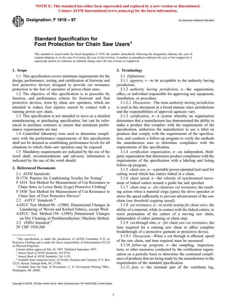 ASTM F1818-97 - Standard Specification for Foot Protection for Chain Saw Users