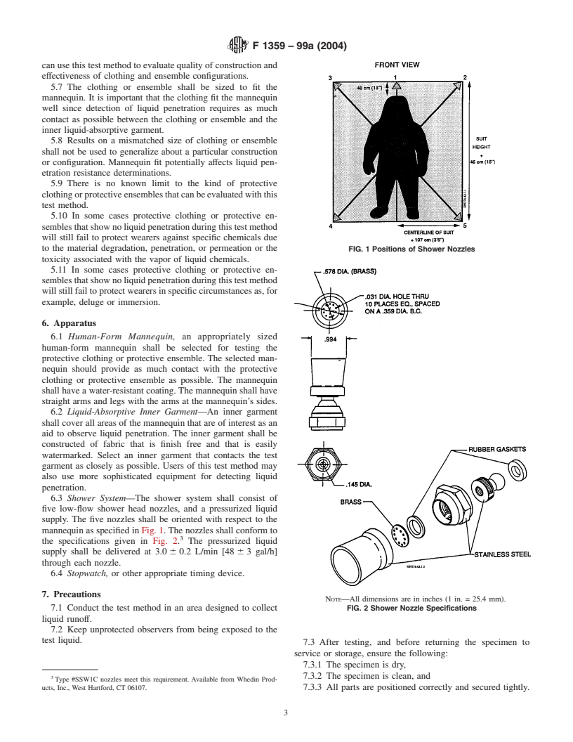 ASTM F1359-99a(2004) - Standard Test Method for Liquid Penetration Resistance of Protective Clothing or Protective Ensembles Under a Shower Spray While on a Mannequin