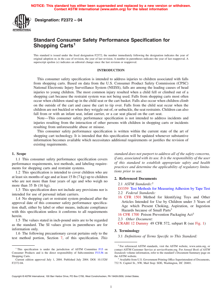 ASTM F2372-04 - Standard Consumer Safety Performance Specification for Shopping Carts