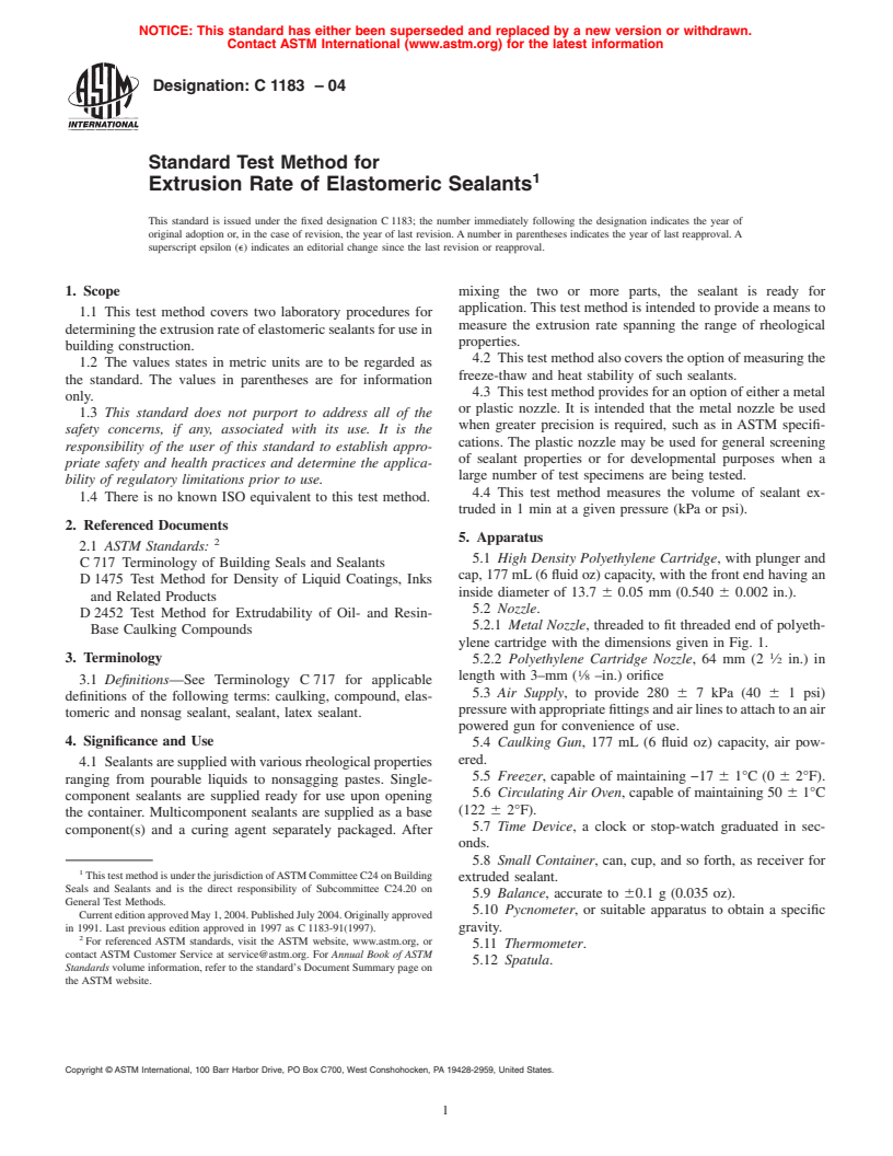 ASTM C1183-04 - Standard Test Method for Extrusion Rate of Elastomeric Sealants