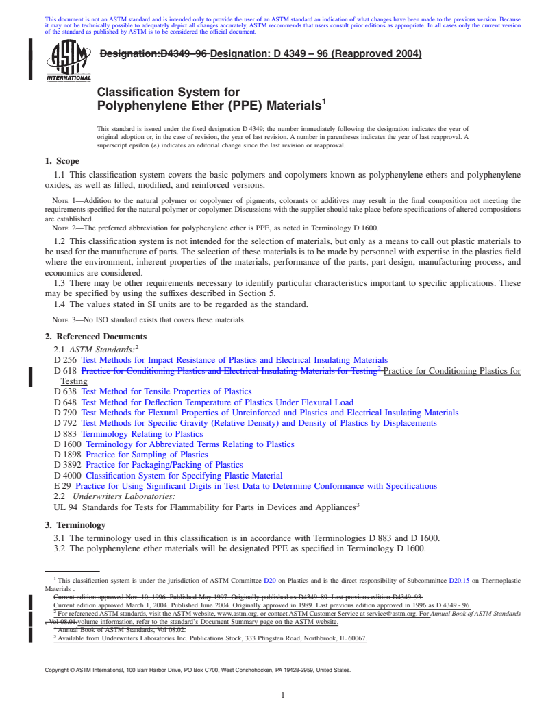 REDLINE ASTM D4349-96(2004) - Classification System for Polyphenylene Ether (PPE) Materials