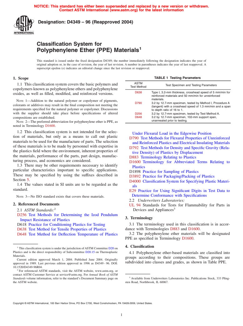 ASTM D4349-96(2004) - Classification System for Polyphenylene Ether (PPE) Materials