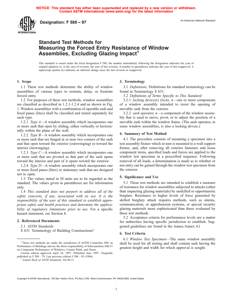 ASTM F588-97 - Standard Test Methods for Measuring the Forced Entry Resistance of Window Assemblies, Excluding Glazing Impact