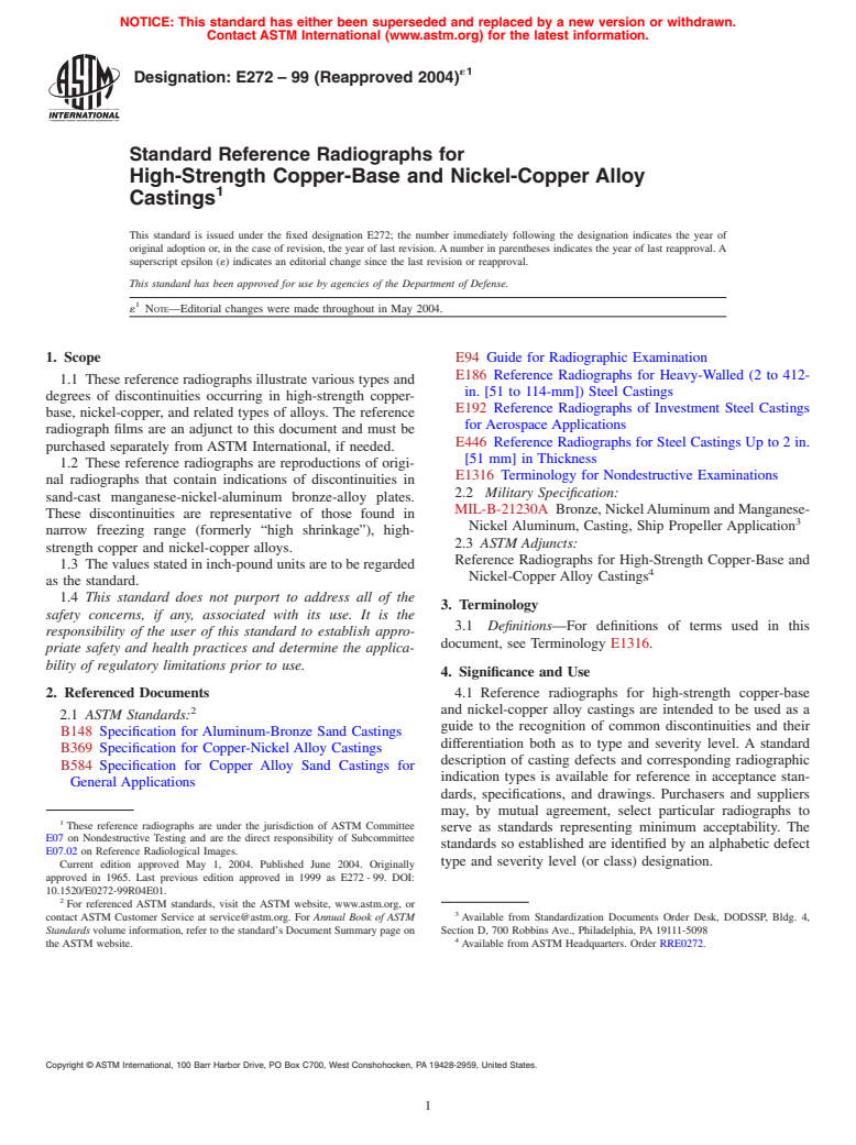 ASTM E272-99(2004)e1 - Standard Reference Radiographs for High-Strength Copper-Base and Nickel-Copper Alloy Castings