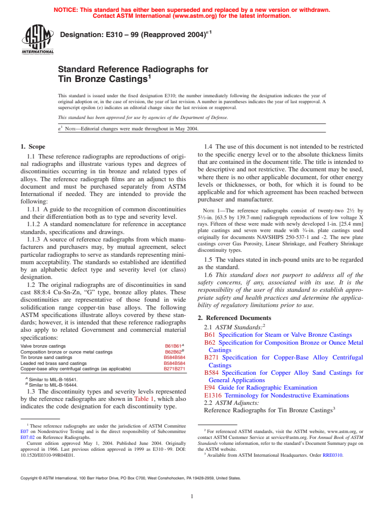 ASTM E310-99(2004)e1 - Standard Reference Radiographs for Tin Bronze Castings