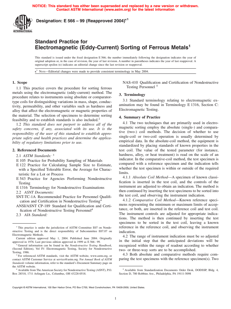 ASTM E566-99(2004)e1 - Standard Practice for Electromagnetic (Eddy-Current) Sorting of Ferrous Metals