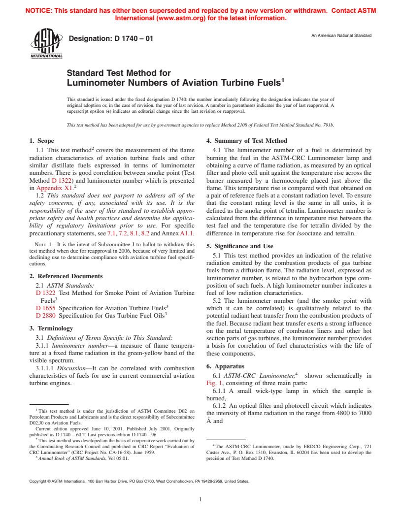 ASTM D1740-01 - Standard Test Method for Luminometer Numbers of Aviation Turbine Fuels (Withdrawn 2006)
