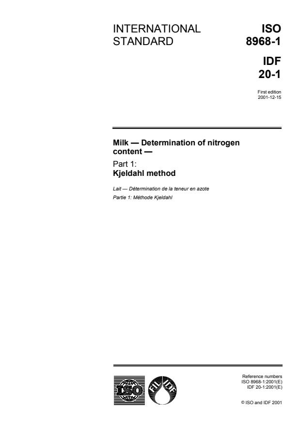 ISO 8968-1:2001 - Milk -- Determination of nitrogen content