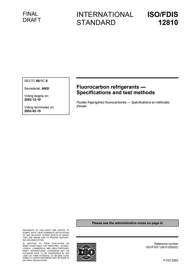 ISO/FDIS 12810 - Fluorocarbon refrigerants -- Specifications and test methods