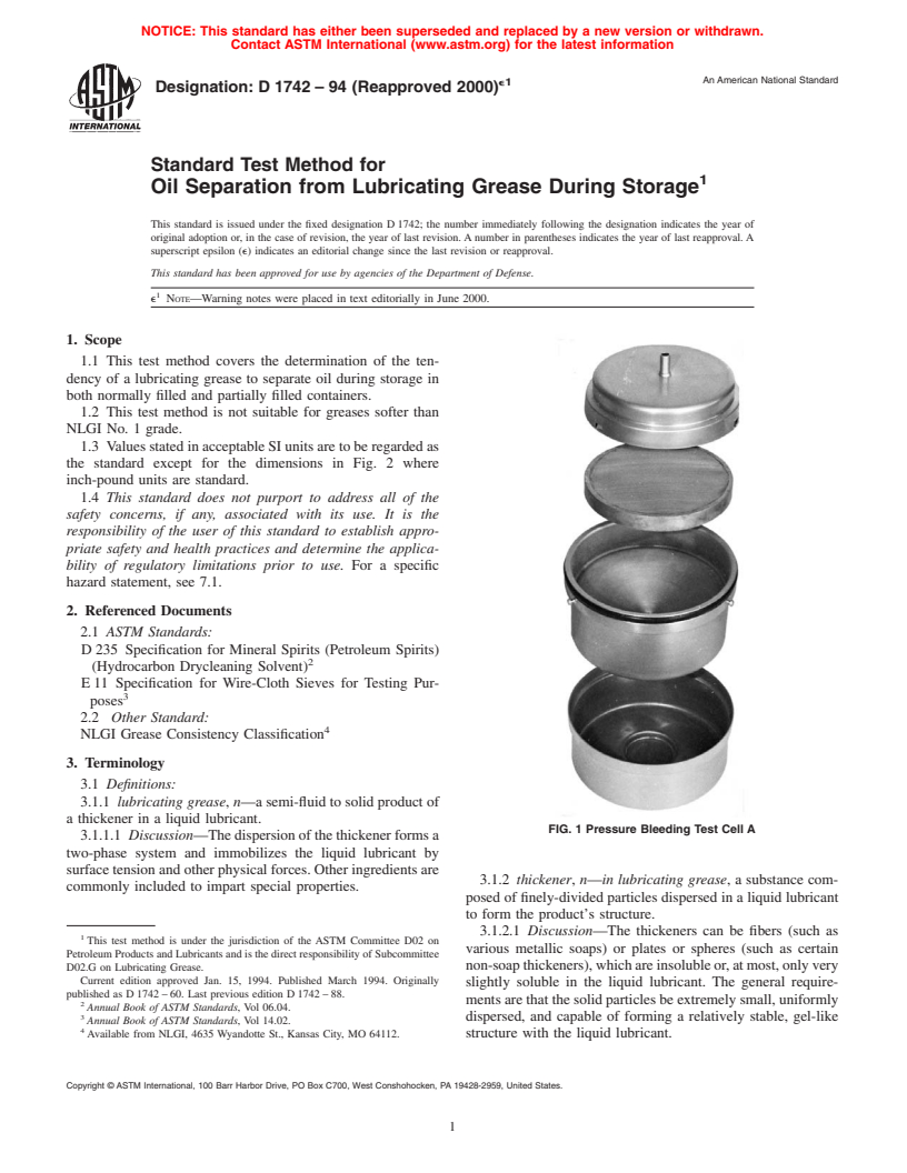 ASTM D1742-94(2000)e1 - Standard Test Method for Oil Separation from Lubricating Grease During Storage