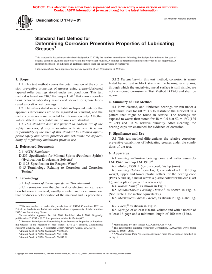 ASTM D1743-01 - Standard Test Method for Determining Corrosion Preventive Properties of Lubricating Greases