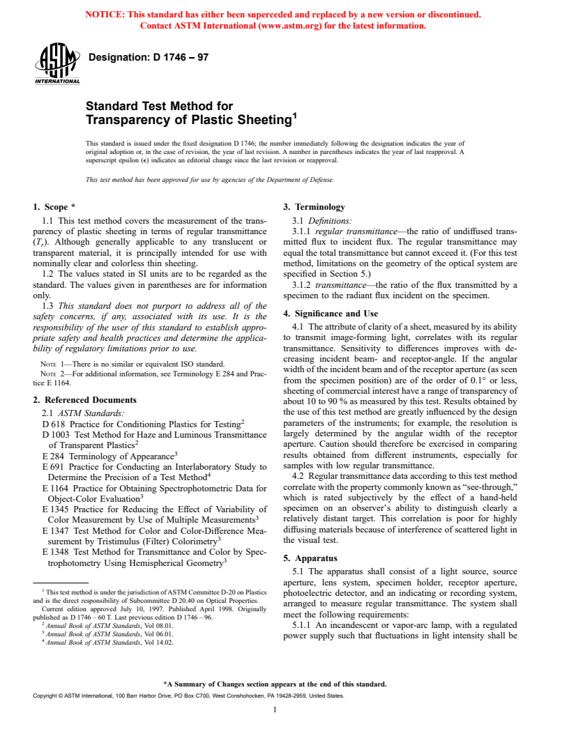 ASTM D1746-97 - Standard Test Method for Transparency of Plastic Sheeting