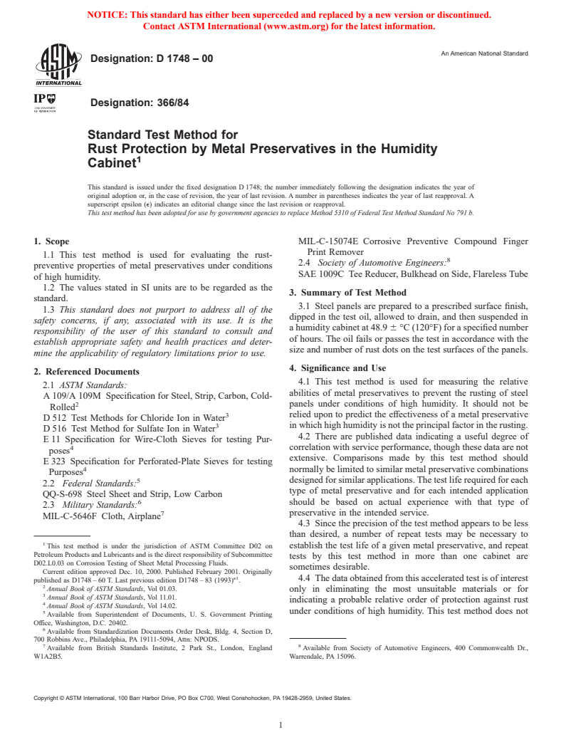 ASTM D1748-00 - Standard Test Method for Rust Protection by Metal Preservatives in the Humidity Cabinet