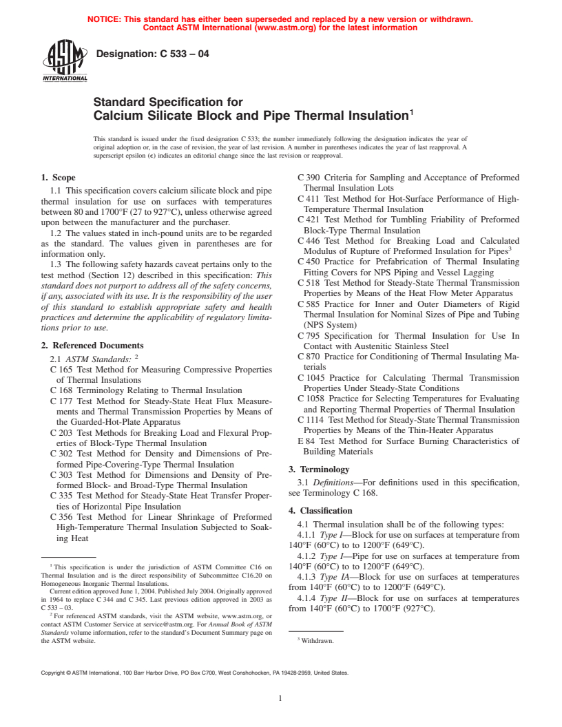 ASTM C533-04 - Standard Specification for Calcium Silicate Block and Pipe Thermal Insulation