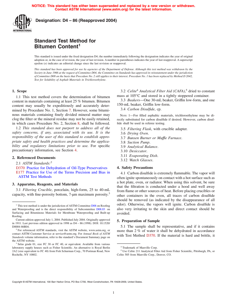 ASTM D4-86(2004) - Standard Test Method for Bitumen Content