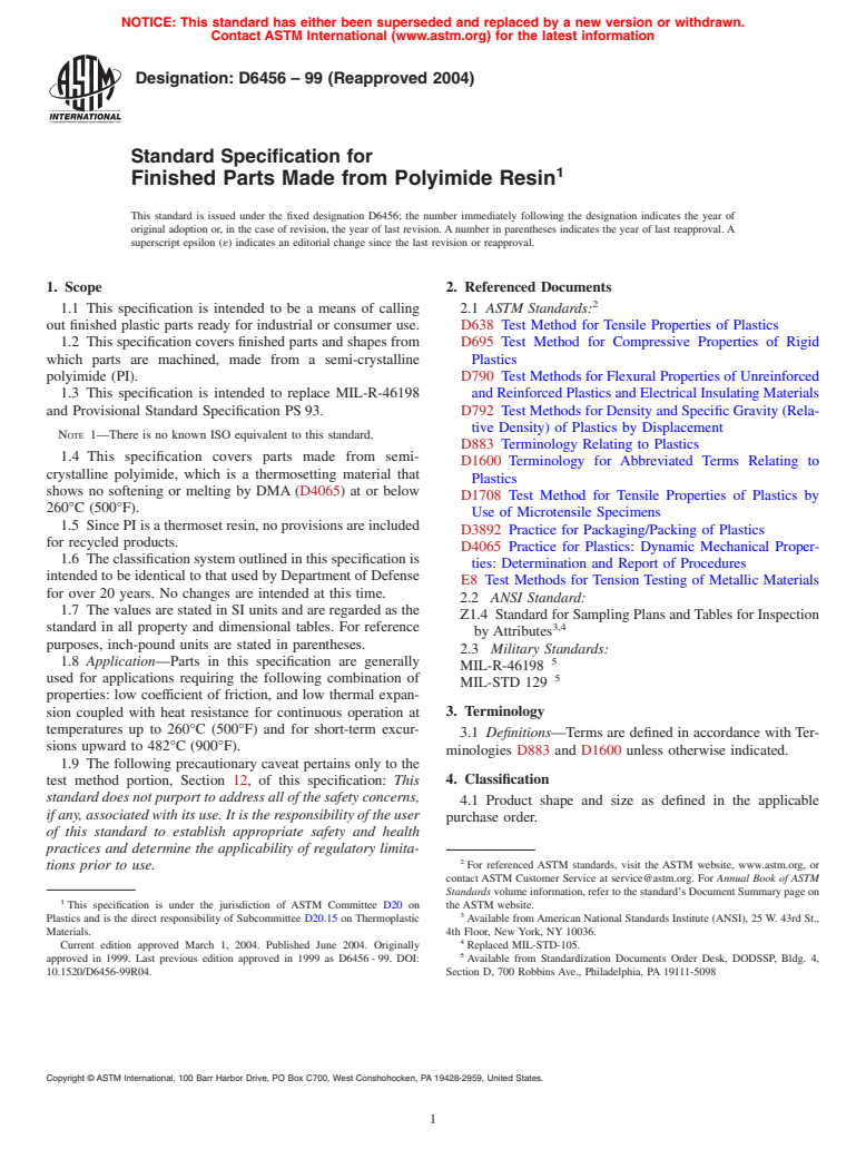 ASTM D6456-99(2004) - Standard Specification for Finished Parts Made from Polyimide Resin