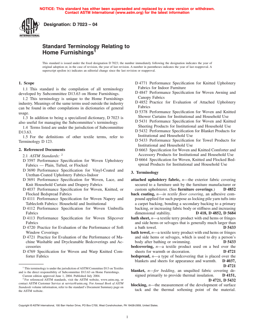 ASTM D7023-04 - Standard Terminology Relating to Home Furnishings