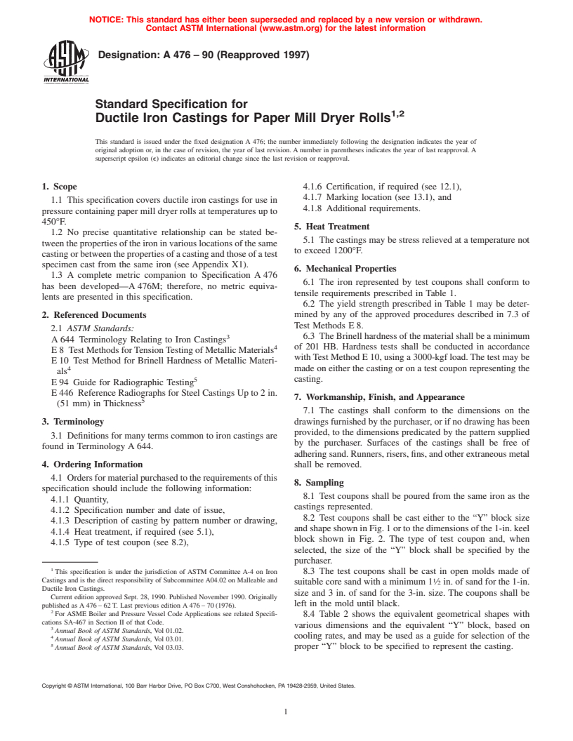 ASTM A476-90(1997) - Standard Specification for Ductile Iron Castings for Paper Mill Dryer Rolls (Withdrawn 2000)