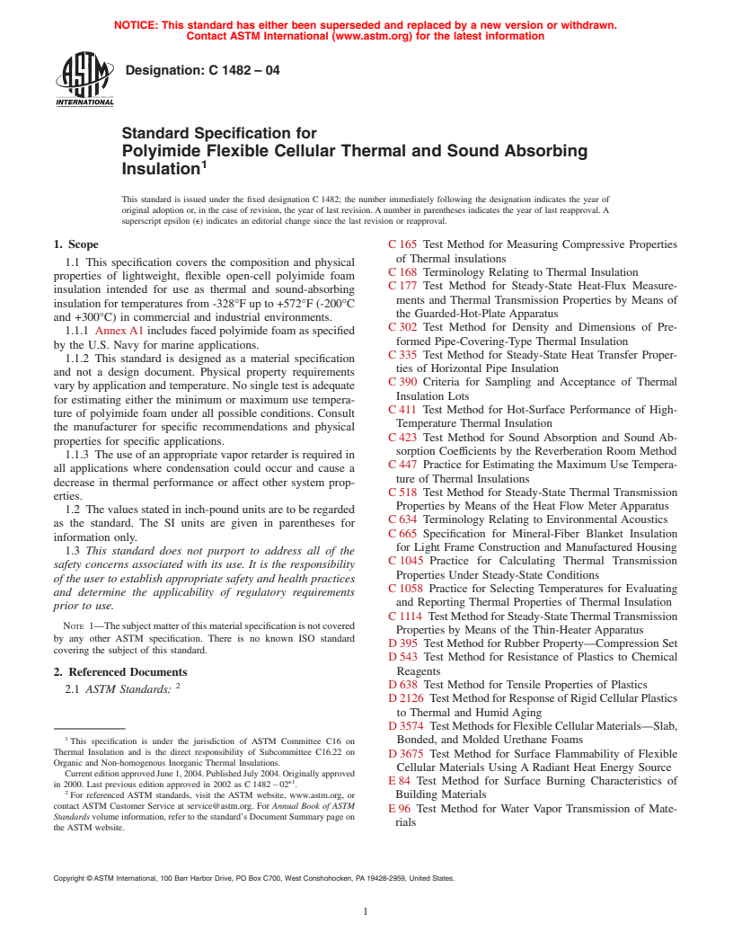 ASTM C1482-04 - Standard Specification for Polyimide Flexible Cellular Thermal and Sound Absorbing Insulation