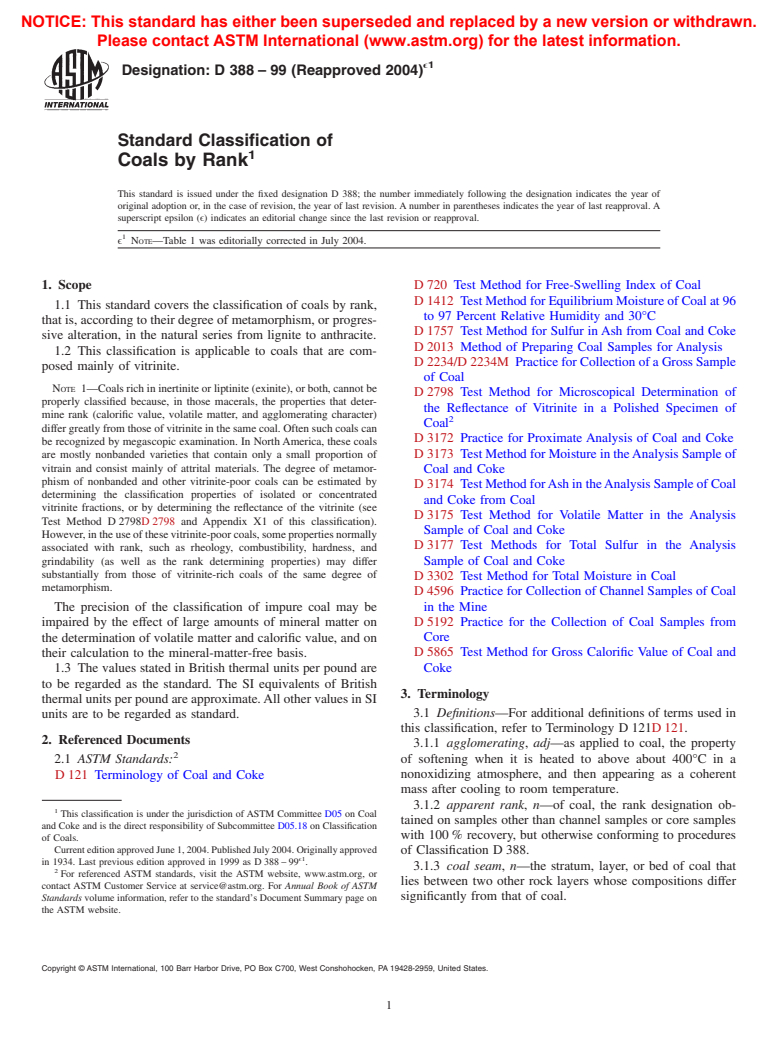 ASTM D388-99(2004)e1 - Standard Classification of Coals by Rank