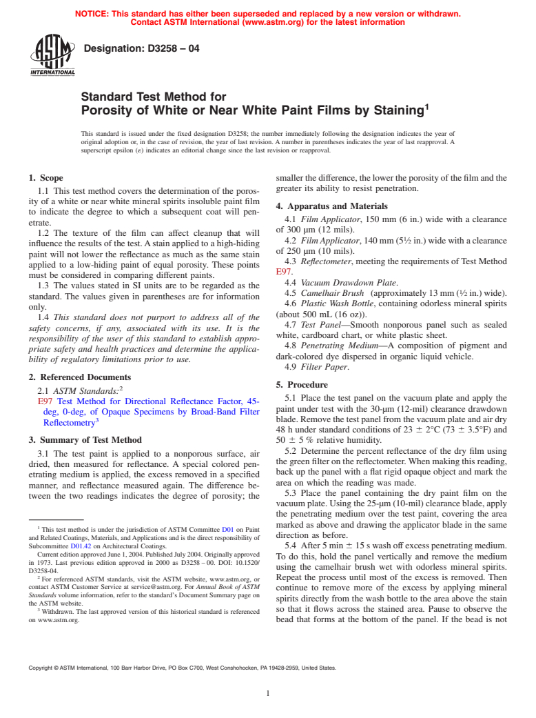 ASTM D3258-04 - Standard Test Method for Porosity of White or Near White Paint Films by Staining
