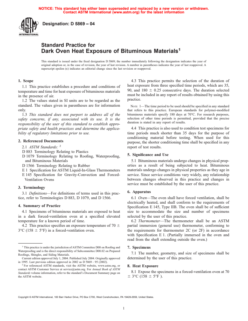 ASTM D5869-04 - Standard Practice for Dark Oven Heat Exposure of Bituminous Materials