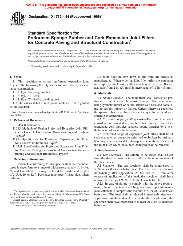 ASTM D1752-84(1996)e1 - Standard Specification for Preformed Sponge Rubber and Cork Expansion Joint Fillers for Concrete Paving and Structural Construction