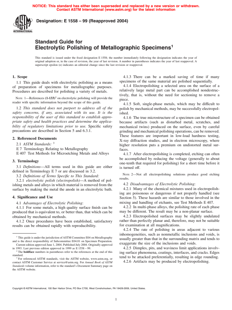 ASTM E1558-99(2004) - Standard Guide for Electrolytic Polishing of Metallographic Specimens