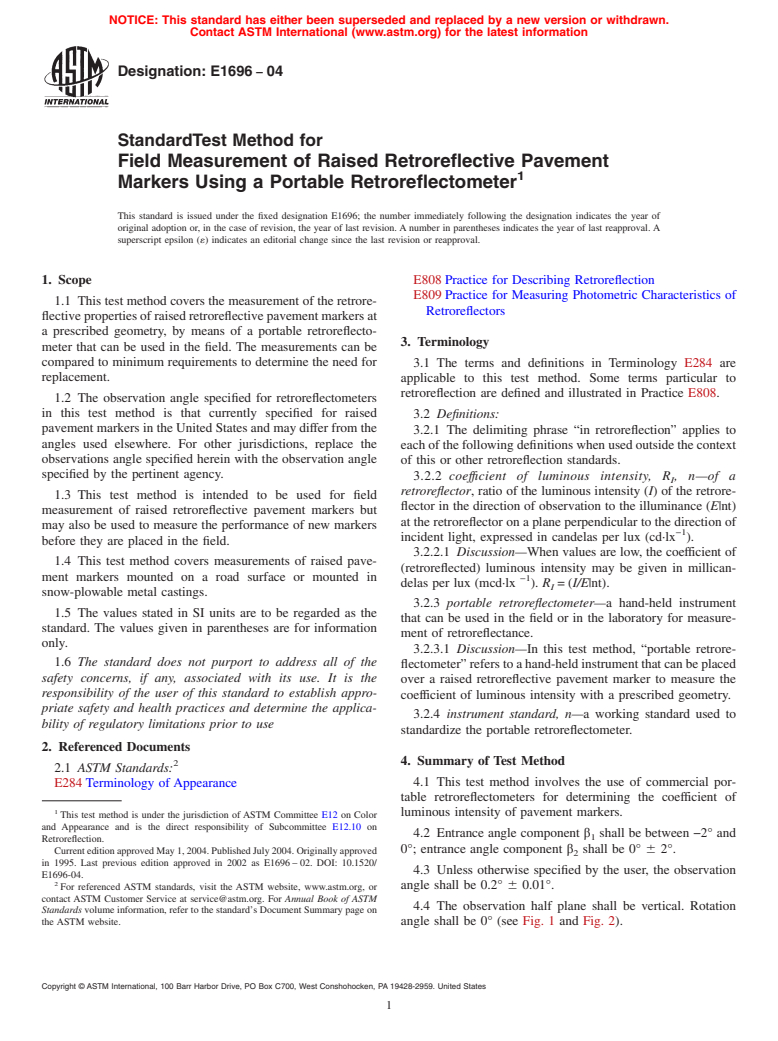 ASTM E1696-04 - Standard Test Method for Field Measurement of Raised Retroreflective Pavement Markers Using a Portable Retroreflectometer (Withdrawn 2013)