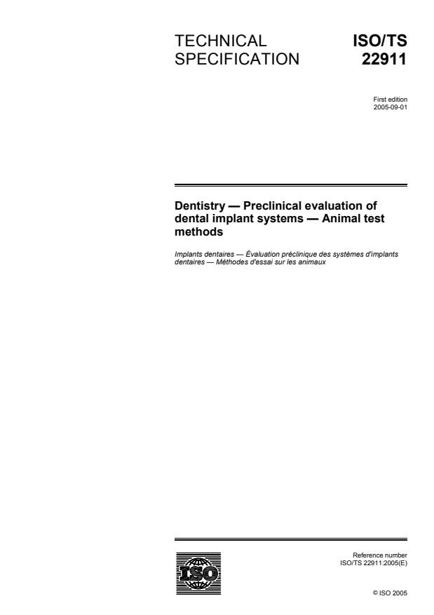 ISO/TS 22911:2005 - Dentistry -- Preclinical evaluation of dental implant systems -- Animal test methods