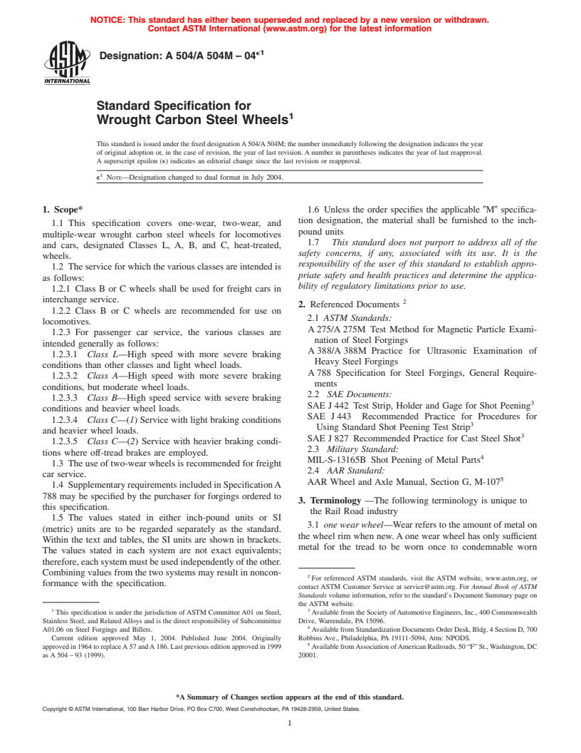 ASTM A504/A504M-04e1 - Standard Specification for Wrought Carbon Steel Wheels