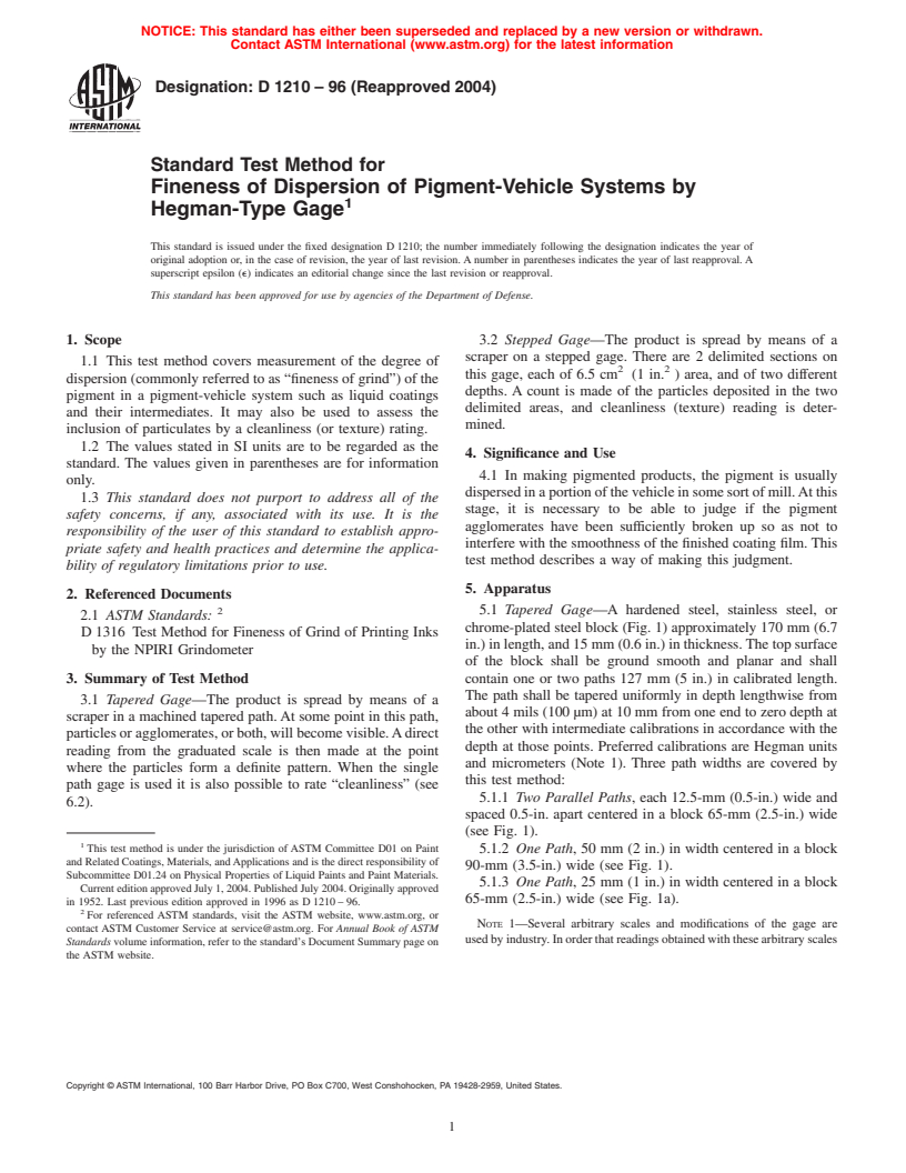 ASTM D1210-96(2004) - Standard Test Method for Fineness of Dispersion of Pigment-Vehicle Systems by Hegman-Type Gage