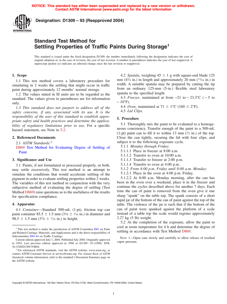 ASTM D1309-93(2004) - Standard Test Method for Settling Properties of Traffic Paints During Storage