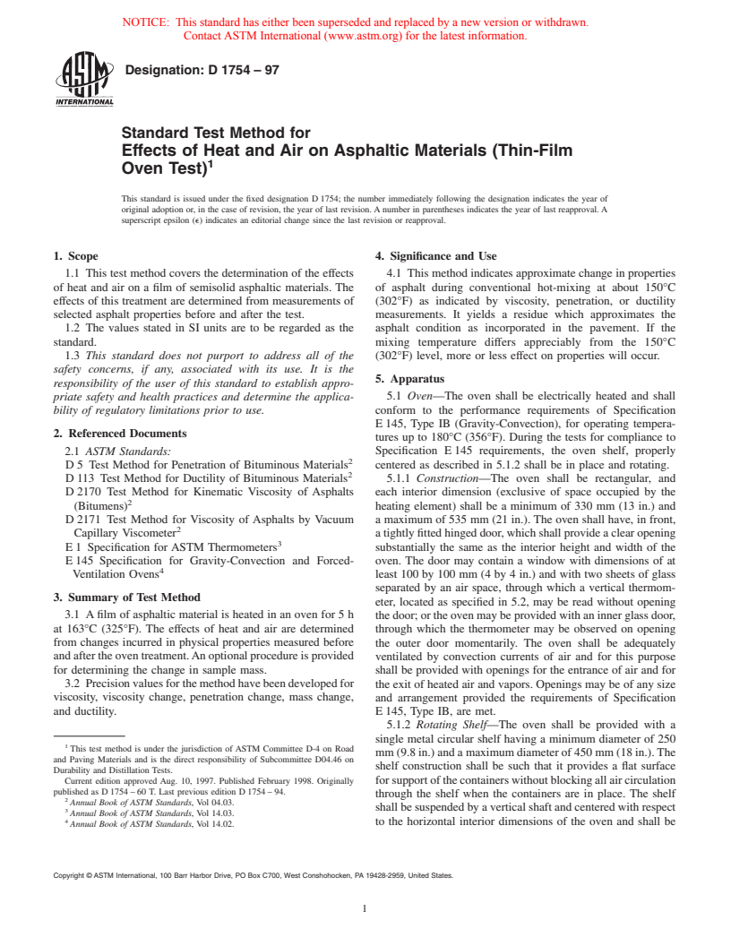 ASTM D1754-97 - Standard Test Method for Effect of Heat and Air on Asphaltic Materials (Thin-Film Oven Test)