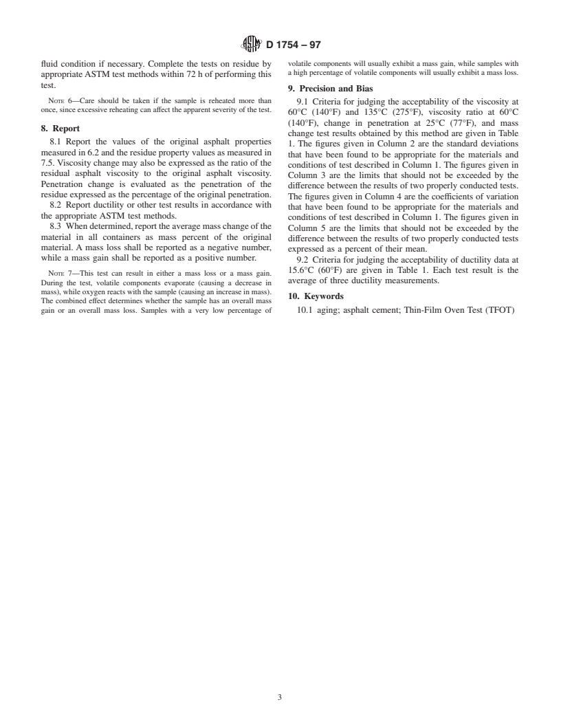 ASTM D1754-97 - Standard Test Method for Effect of Heat and Air on Asphaltic Materials (Thin-Film Oven Test)