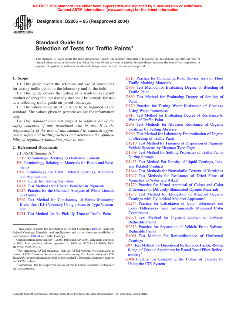 ASTM D2205-85(2004) - Standard Guide for Selection of Tests for Traffic Paints